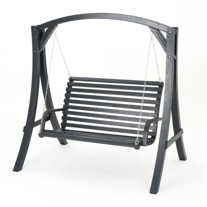 The San Juan Outdoor Swinging Loveseat With Support features a black, slatted wooden seat and backrest, suspended by metal chains from an arched frame, all set against a white background.