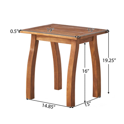 The Kinesis Outdoor Side Table features a wood frame, slatted top, curved legs, and measures 19"W x 15"D x 19.25"H with a 0.5" thick tabletop; leg spacing is 16" front-to-back and 14.85" side-to-side.