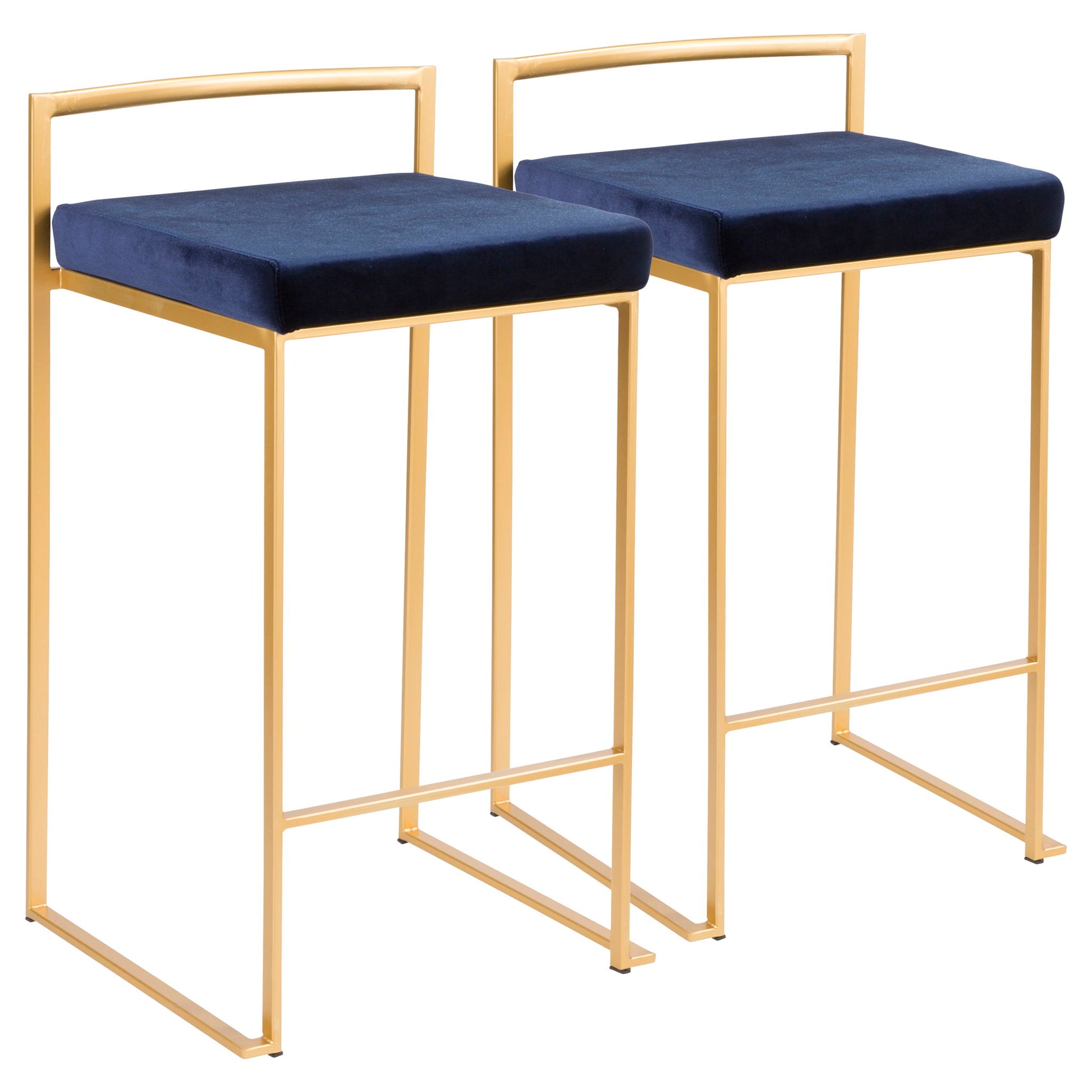 The Fuji Contemporary/Glam Counter Stool set includes two modern bar stools with gold metal frames, dark blue velvet seats, and minimalist square designs with sleek backrests.