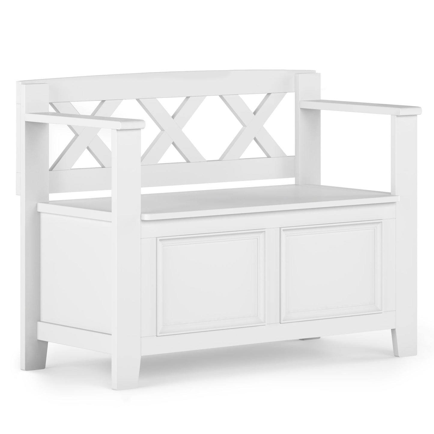 The Amherst Small Transitional Entryway Storage Bench features a white wooden frame, decorative X-back, armrests, two recessed front panels, and a lift-up seat for hidden storage in a simple yet elegant style.