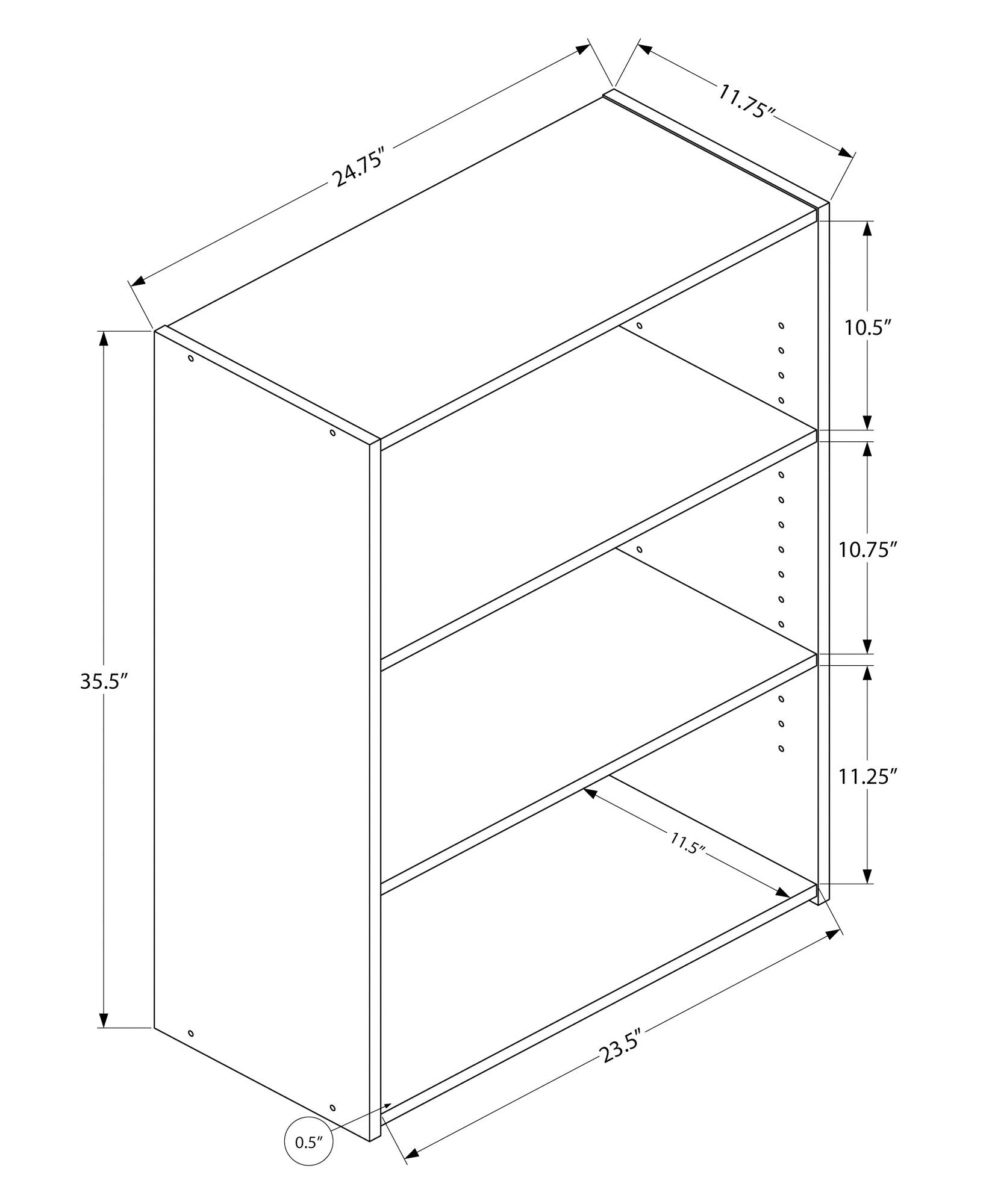 Line drawing of the Bookshelf, Bookcase, 4 Tier, For Office, Transitional shown with measurements: 35.5"H x 24.75"W x 11.75"D; shelf heights are 10.5", 10.75", and 11.25"; each shelf is 11.5" deep and the base is 0.5" thick.