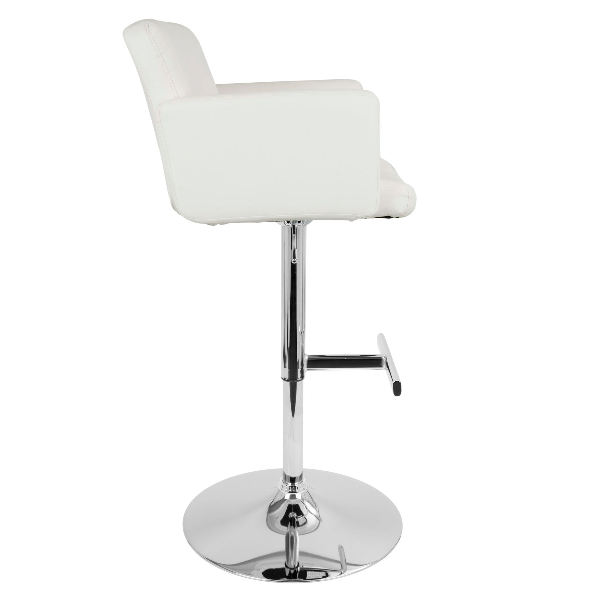 The Stout - Contemporary Adjustable Barstool With Swivel is shown from the side, featuring a modern white design with padded backrest and armrests, chrome base, footrest, and an adjustable height lever.