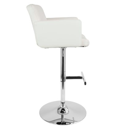 The Stout - Contemporary Adjustable Barstool With Swivel is shown from the side, featuring a modern white design with padded backrest and armrests, chrome base, footrest, and an adjustable height lever.