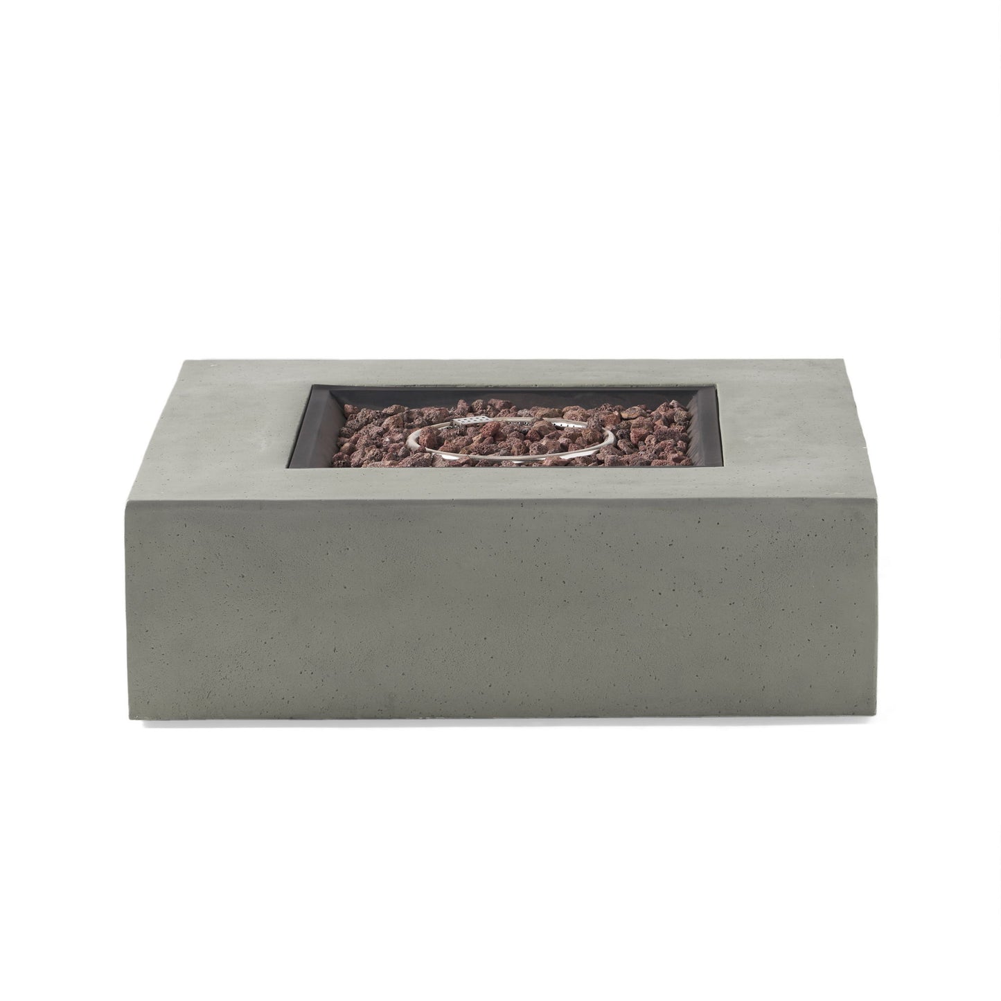 The Modern 50,000 Btu Square Fire Table With Propane Tank features a central recessed firebox with lava rocks, displayed against a plain white background.