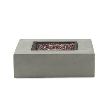 The Modern 50,000 Btu Square Fire Table With Propane Tank features a central recessed firebox with lava rocks, displayed against a plain white background.