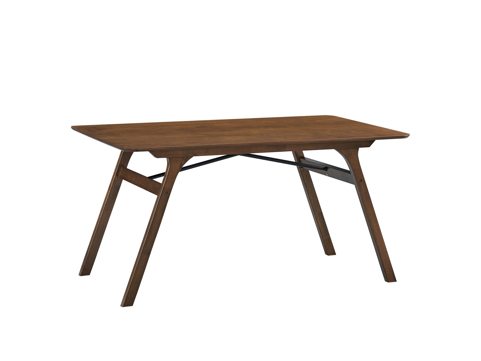 The Kaela Dining Table in walnut features a minimalist, mid-century modern design with a dark brown finish, rectangular shape, angled legs, and metal support bars for stability. Shown on a white background.