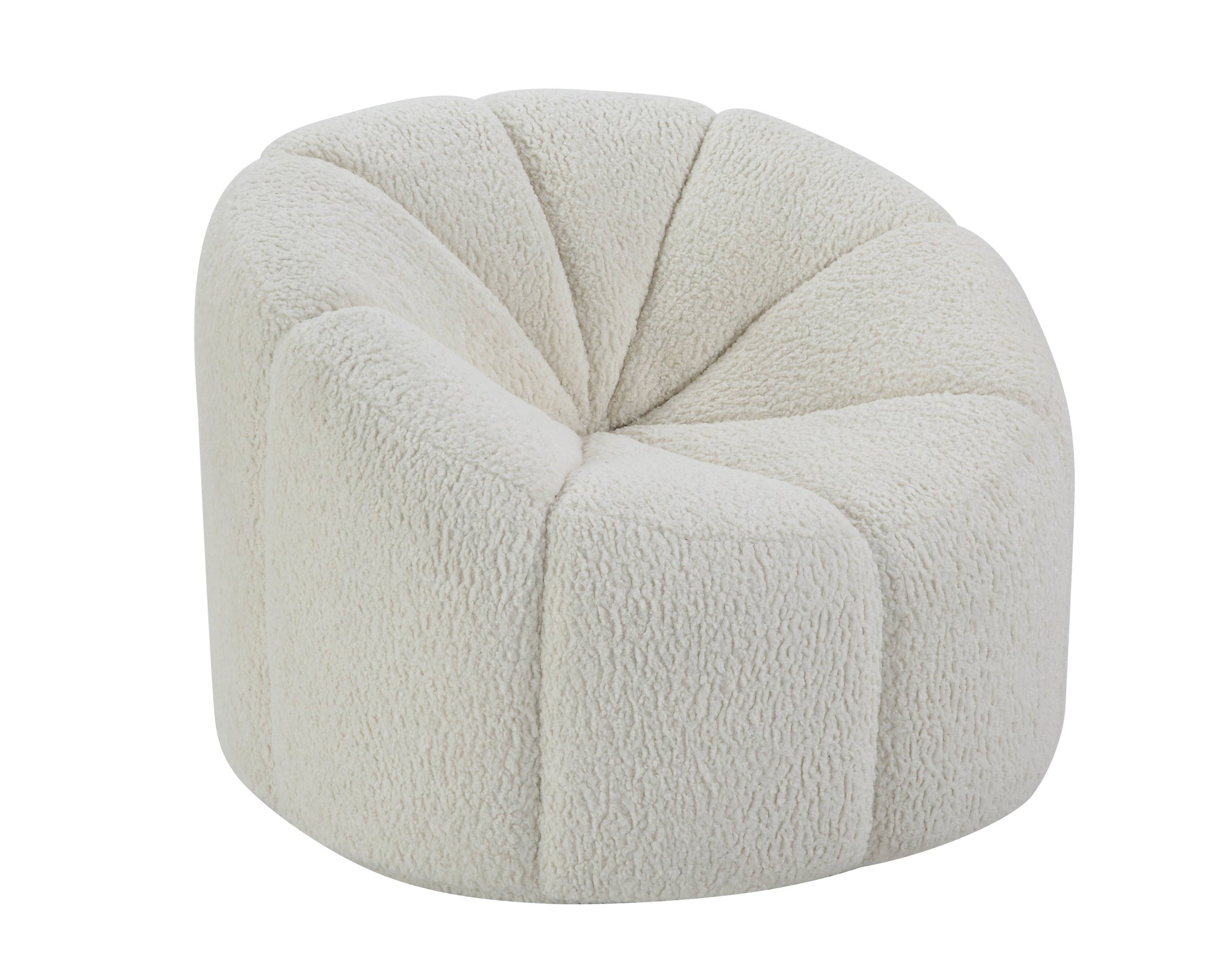 The Osmash Teddy Sherpa Chair is a plush, modern armchair with textured white fabric. It features a rounded back and segmented design akin to flower petals, combining coziness with style.