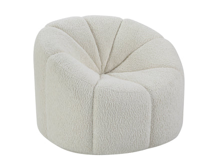 The Osmash Teddy Sherpa Chair is a plush, modern armchair with textured white fabric. It features a rounded back and segmented design akin to flower petals, combining coziness with style.