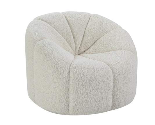 The Osmash Teddy Sherpa Chair is a plush, modern armchair with textured white fabric. It features a rounded back and segmented design akin to flower petals, combining coziness with style.