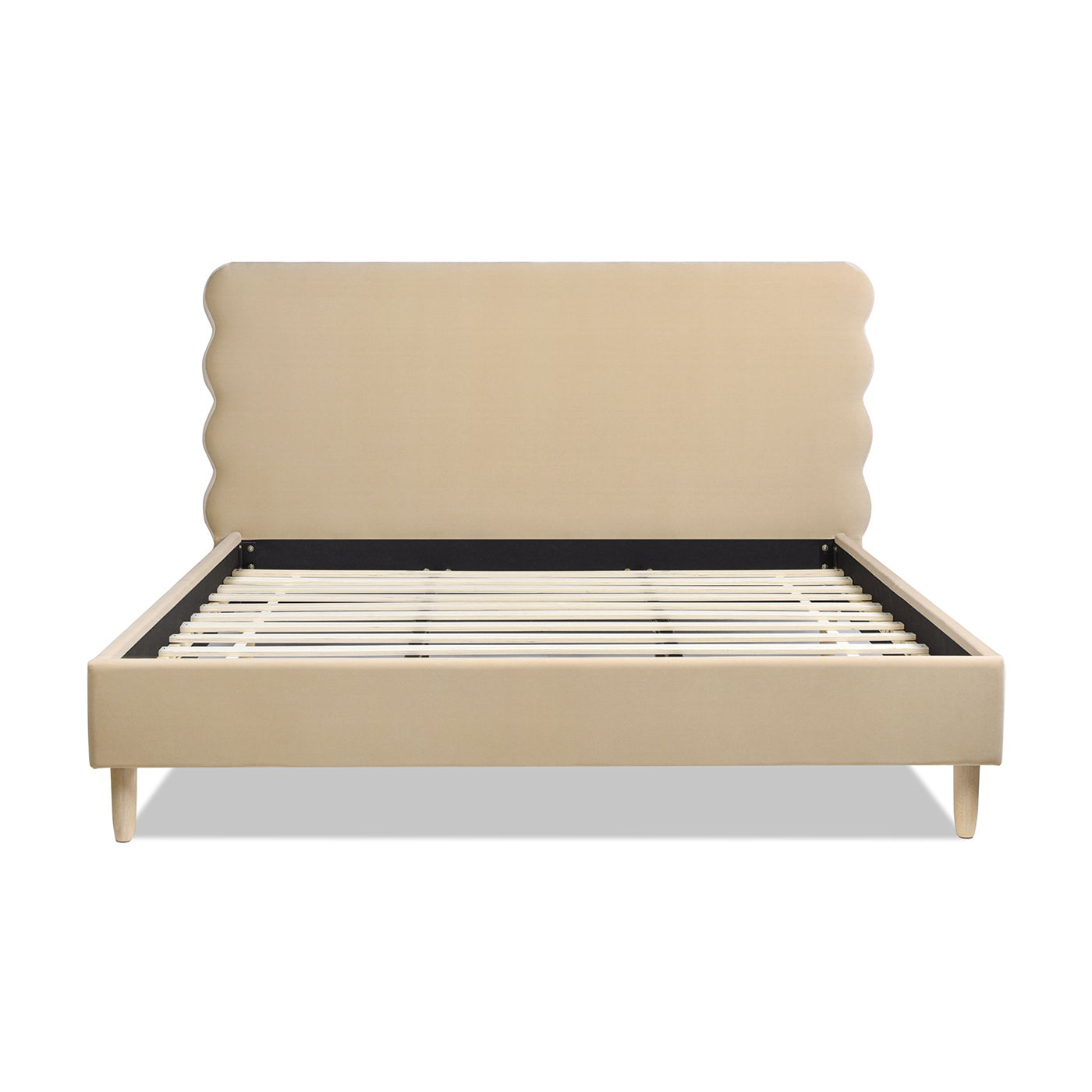 The Stockholm - Modern Wavy Headboard Platform Bed features a beige upholstered frame with a wavy-edged headboard and wooden slats, showcased from the front against a white background.