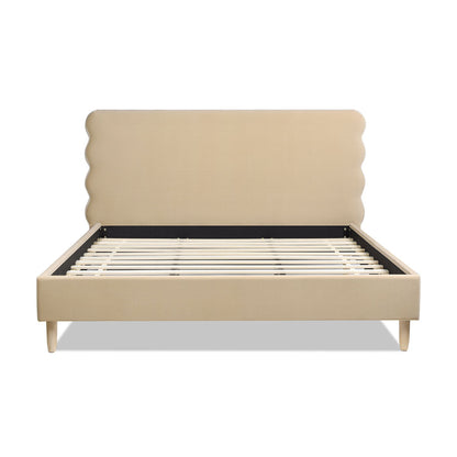 The Stockholm - Modern Wavy Headboard Platform Bed features a beige upholstered frame with a wavy-edged headboard and wooden slats, showcased from the front against a white background.
