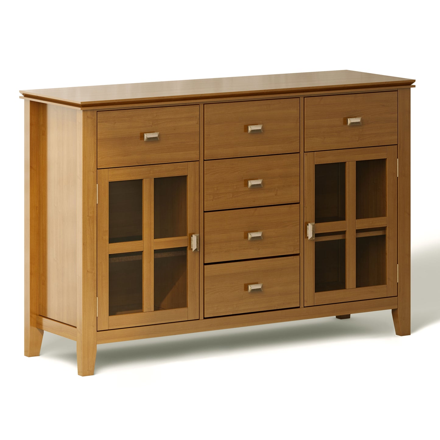 The Artisan - Handcrafted Sideboard Buffet features three top drawers, four central drawers, and two glass-paneled cabinet doors on each side, all accented with metal handles.