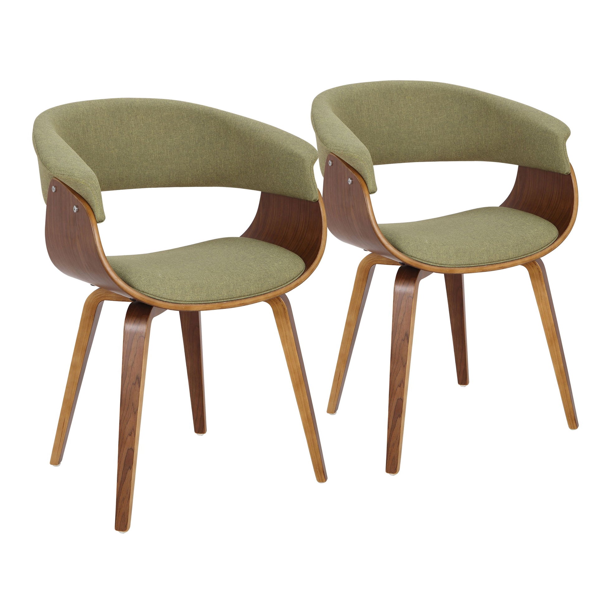 The Vintage Mod - Mid Century Modern Dining Chair (Set of 2) features curved wooden frames, green upholstered seats and backrests, and four wooden legs for a sleek, contemporary look.