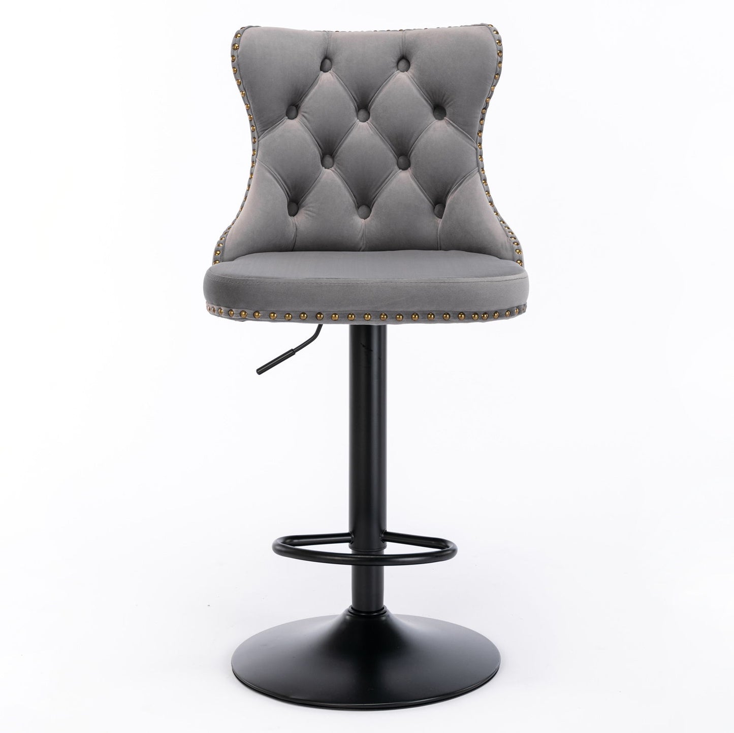 The Swivel Velvet Barstools (Set of 2) feature modern gray upholstery, a tufted backrest, nailhead trim, cushioned seat, black metal base with circular footrest, and a lever for adjustable height. Shown on a white background.