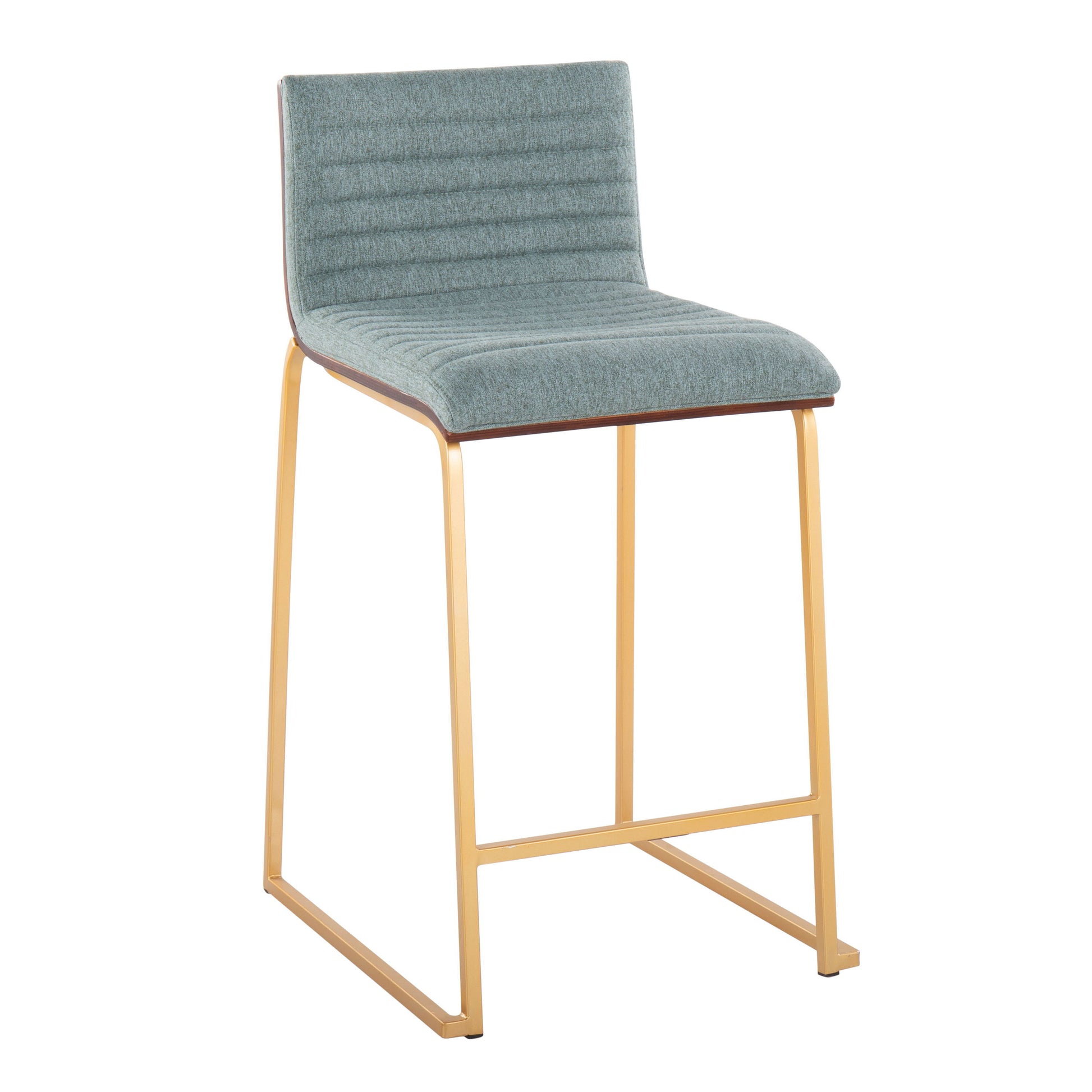 The Mason Mara set includes two contemporary fixed-height counter stools with green upholstered seats and backrests featuring horizontal stitching, sleek gold metal legs, and a minimalist aesthetic.