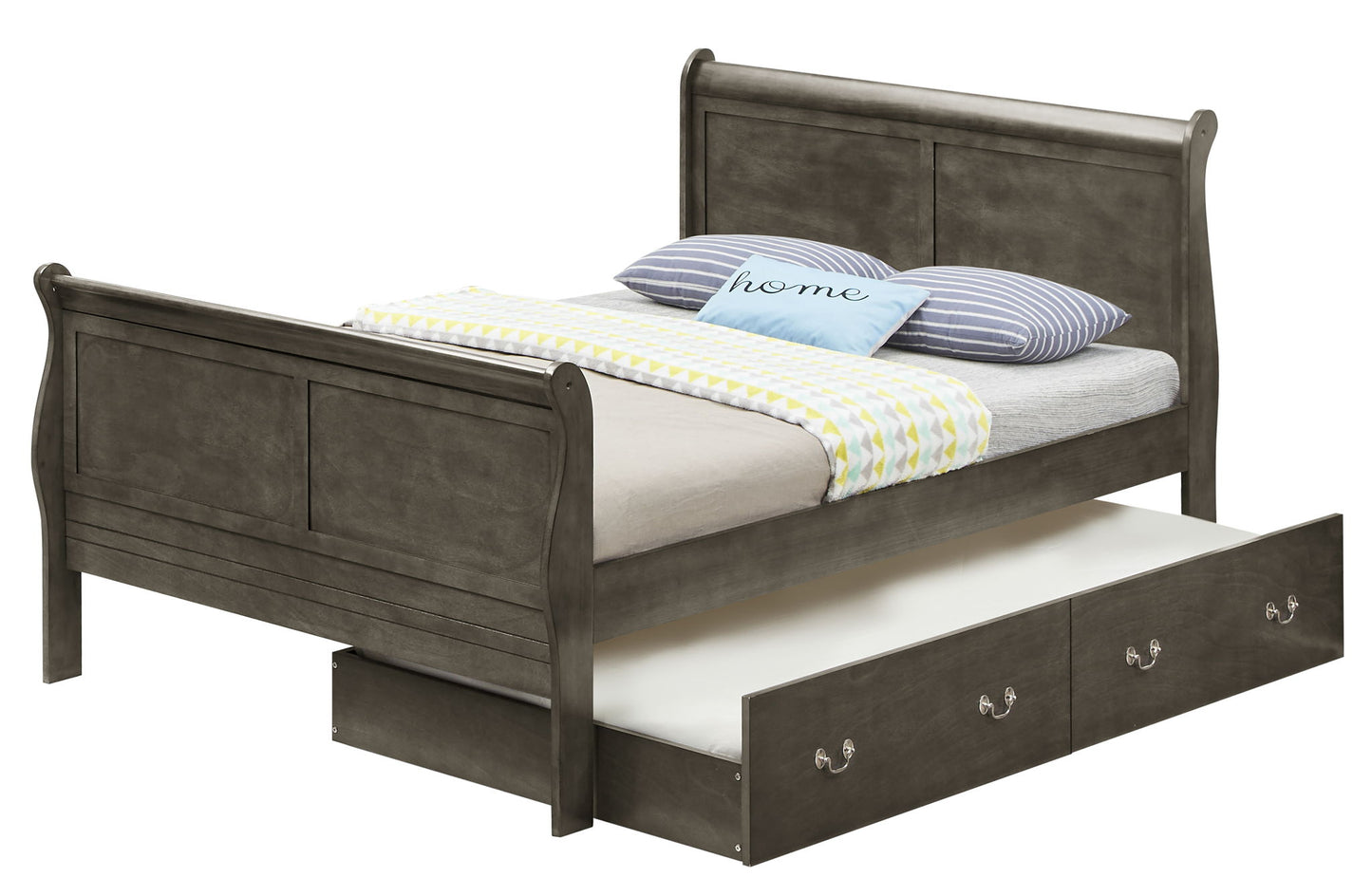 The Elegant Trundle Bed With Timeless Charm features a dark wood frame, gray bedding, striped and "home" pillows, a yellow patterned blanket, and a pull-out storage drawer with two handles underneath.