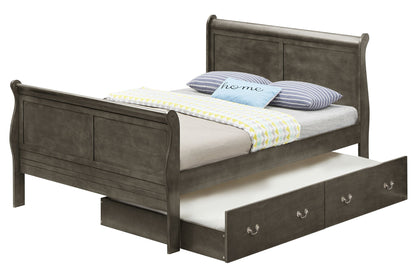 The Elegant Trundle Bed With Timeless Charm features a dark wood frame, gray bedding, striped and "home" pillows, a yellow patterned blanket, and a pull-out storage drawer with two handles underneath.