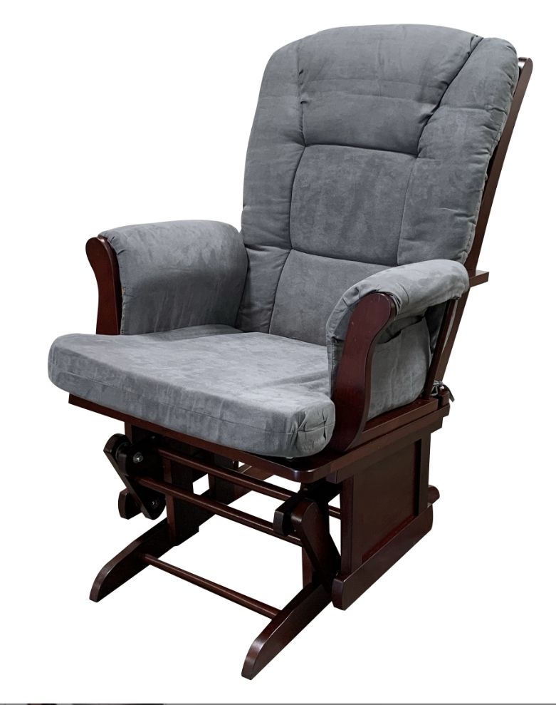 The Adeliza Microfiber Glider Chair with Ottoman in gray features cushioned seat, back, and arms, wooden base and armrests, all designed for comfort and a gentle rocking motion.