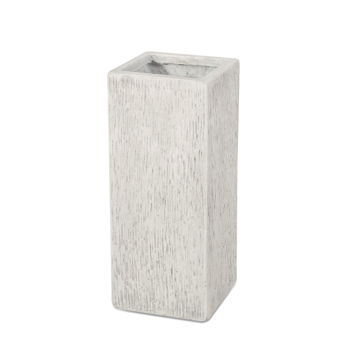 The Modern Outdoor Planter is a tall, rectangular, light gray concrete planter featuring a textured surface and open top, displayed against a white background.