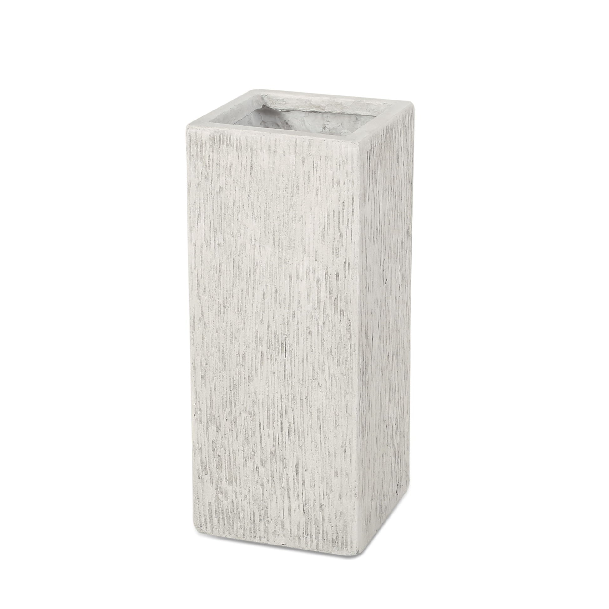The Modern Outdoor Planter is a tall, rectangular, light gray concrete planter featuring a textured surface and open top, displayed against a white background.