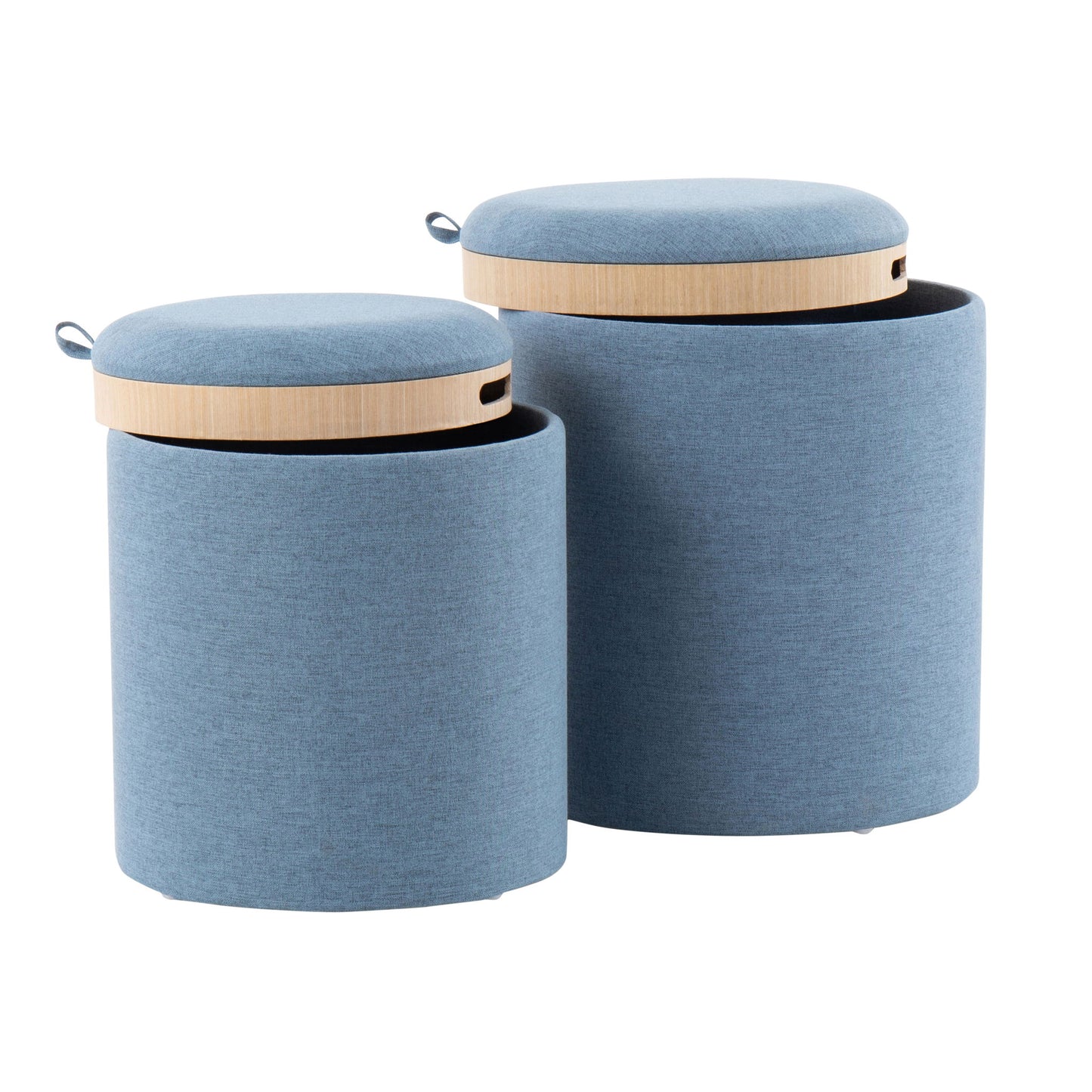 Two cylindrical blue ottomans from the Tray - Contemporary Nesting Ottoman Set are shown, featuring removable wooden lids with fabric loops for easy lifting. One lid is askew, revealing the storage space inside.