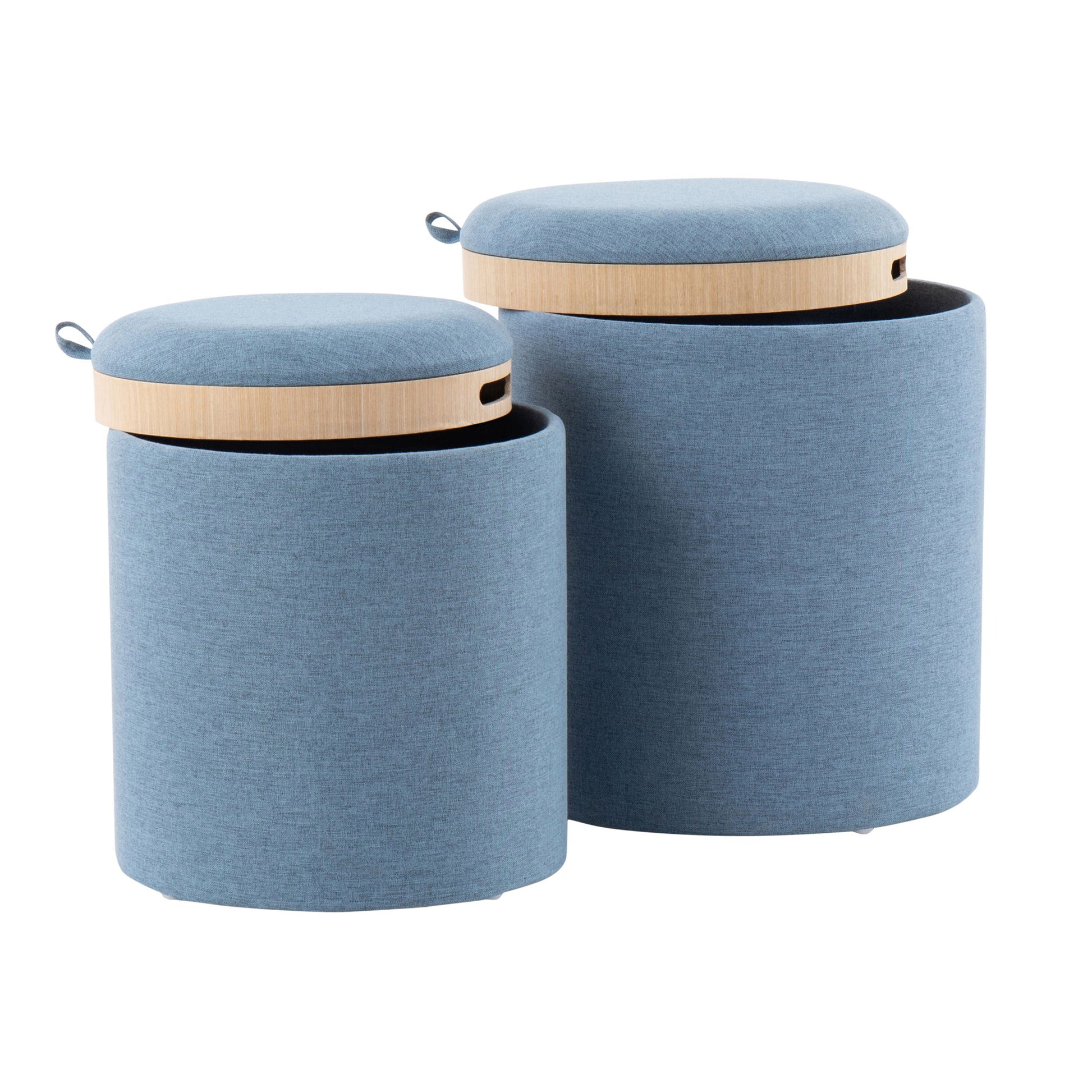 Two cylindrical blue ottomans from the Tray - Contemporary Nesting Ottoman Set are shown, featuring removable wooden lids with fabric loops for easy lifting. One lid is askew, revealing the storage space inside.