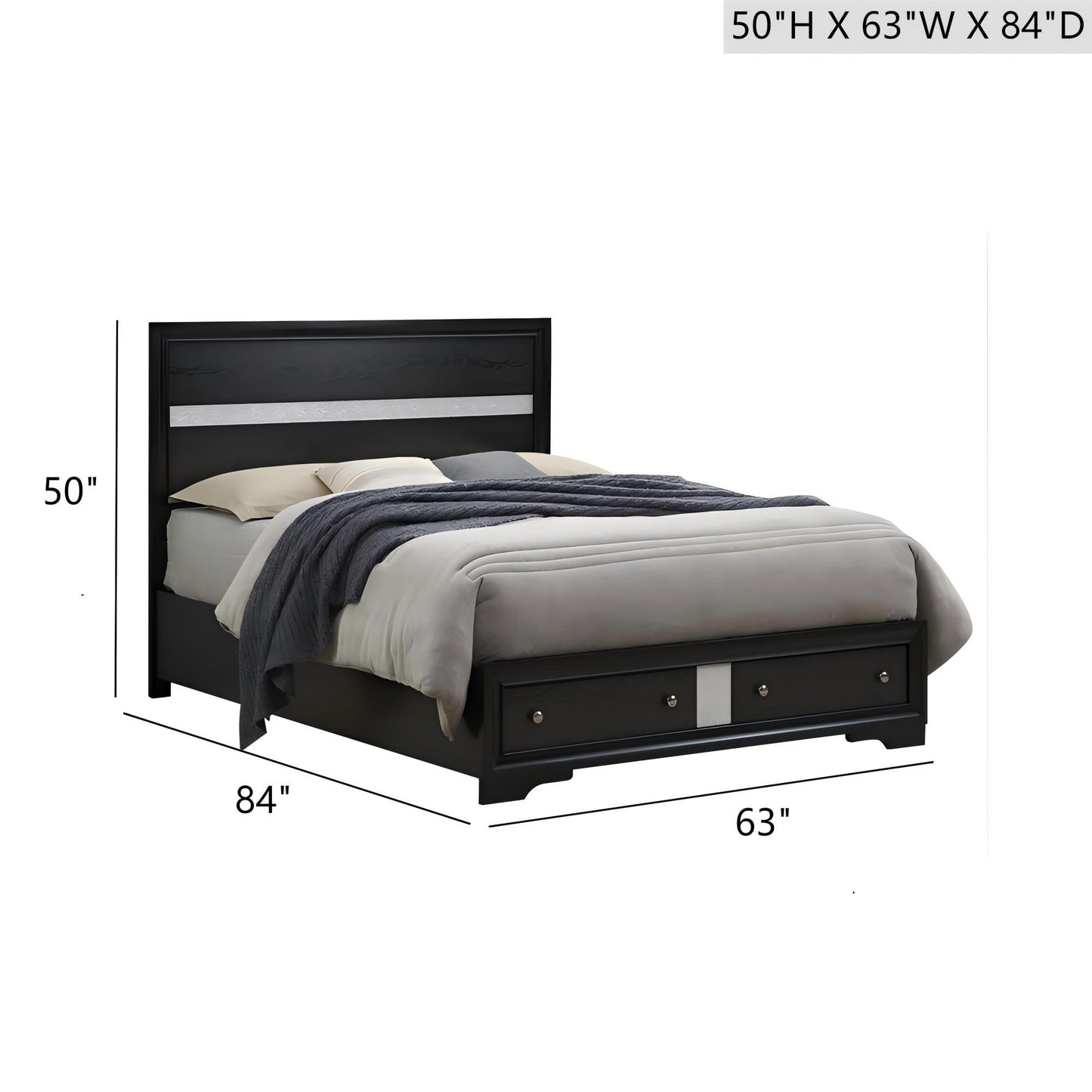 Madrid Queen Bed with Storage Drawers and Nickel Handles in black features a headboard, grey and white bedding, two storage drawers at the foot, and measures 50" high, 63" wide, and 84" deep.