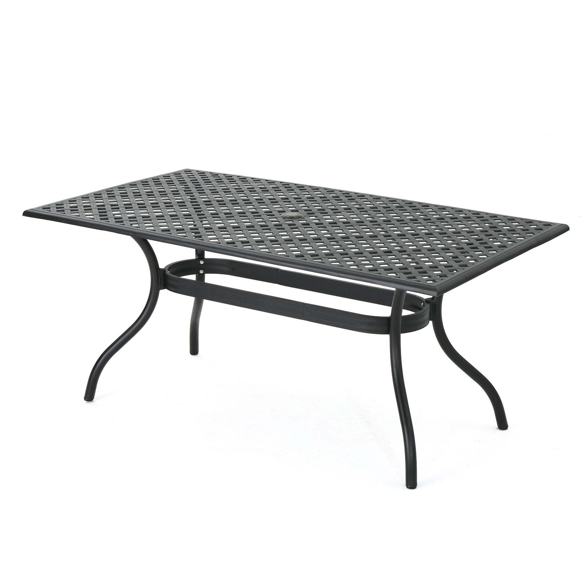 Black aluminum outdoor dining table with a rectangular lattice design, center umbrella hole, curved legs, and lower support bar, shown against a plain white background.