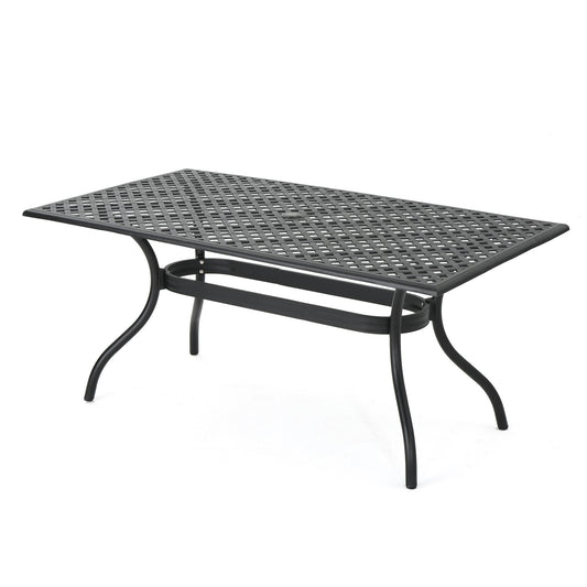 Black aluminum outdoor dining table with a rectangular lattice design, center umbrella hole, curved legs, and lower support bar, shown against a plain white background.