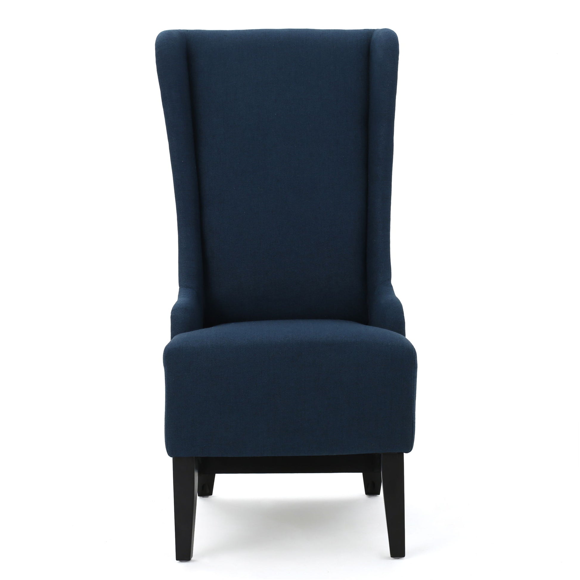 The Alight Upholstered Dining Chair set features dark blue high-back chairs with subtle winged sides and black-stained birch wood legs, shown from the front against a white background.