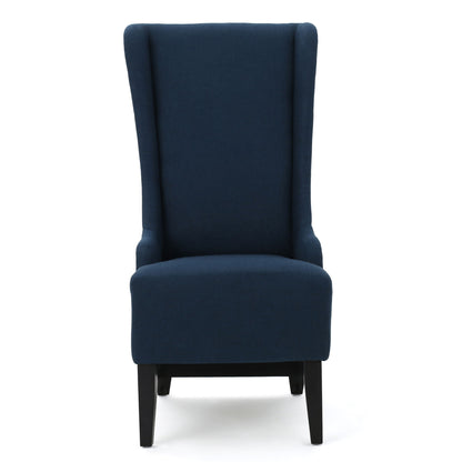 The Alight Upholstered Dining Chair set features dark blue high-back chairs with subtle winged sides and black-stained birch wood legs, shown from the front against a white background.