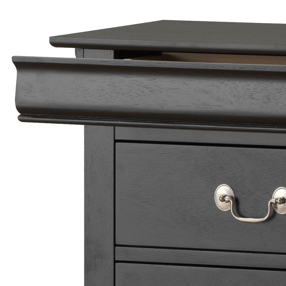 A close-up of the Traditional Style Lingerie Storage Chest Timeless in dark wood with a silver handle, featuring one top drawer partially open.