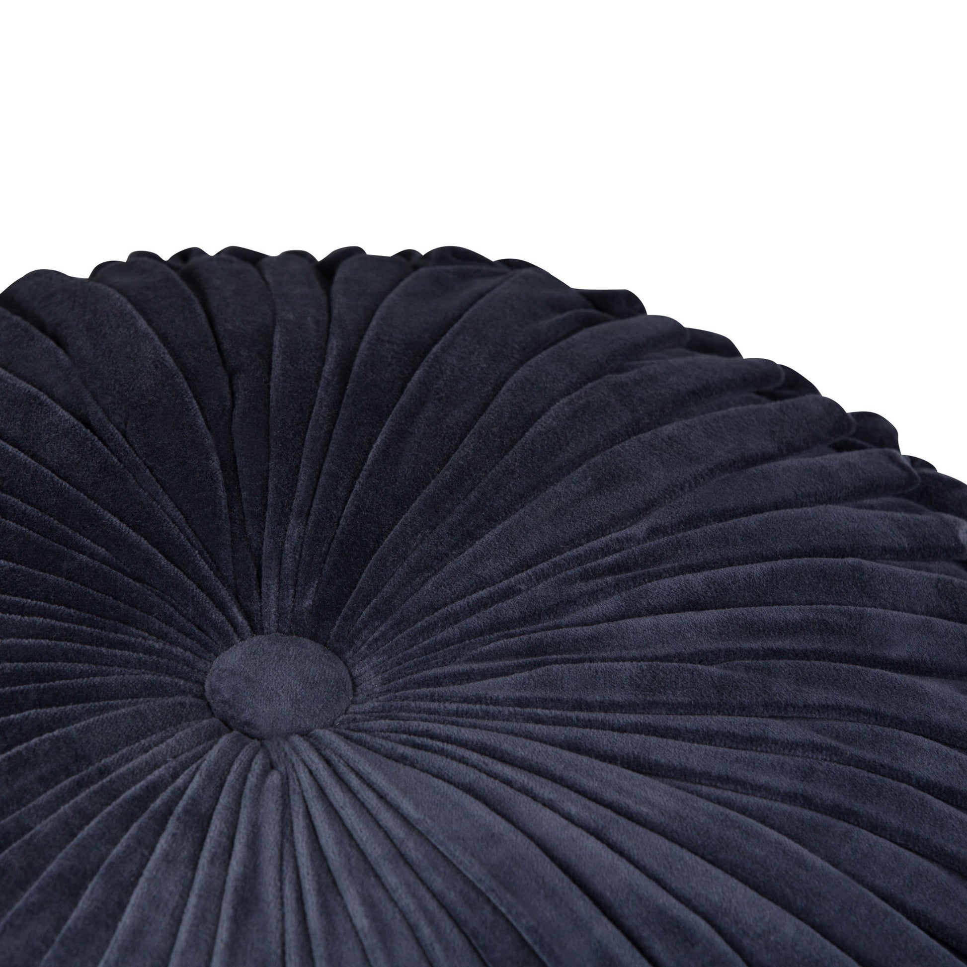 Close-up of the Renee - Handcrafted Round Pouf featuring dark blue velvet fabric, radiating pleats, and a central button detail.