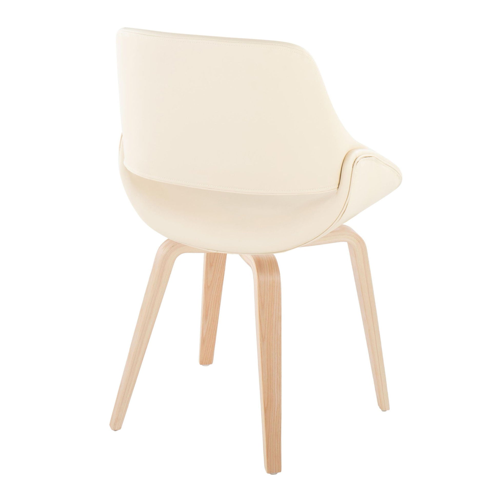 The Fabrico Mid-Century Modern Dining Chair (Set of 2) features a smooth cream seat and backrest with four light wood legs and a curved design, viewed from the back for a stylish look.