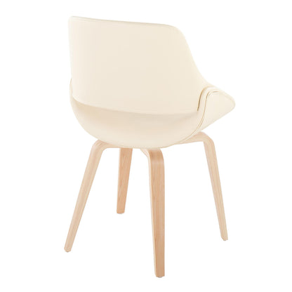 The Fabrico Mid-Century Modern Dining Chair (Set of 2) features a smooth cream seat and backrest with four light wood legs and a curved design, viewed from the back for a stylish look.