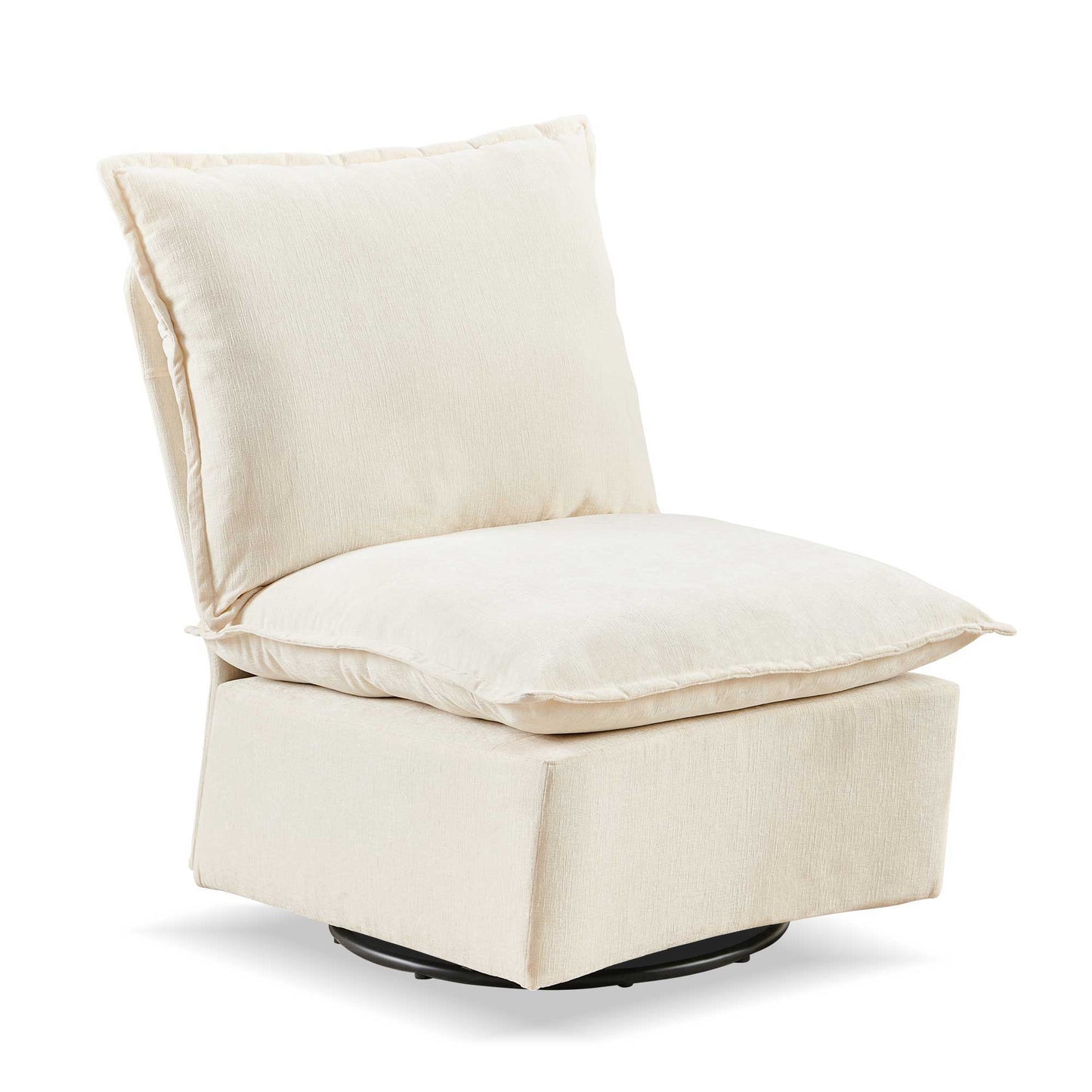 The Detachable Chenille Single 360 Swivel Rocking Rocker is a modern armless chair with cream upholstery, plush seat and back cushions, and a square base with a smooth swivel mechanism—perfect for living room or bedroom comfort.