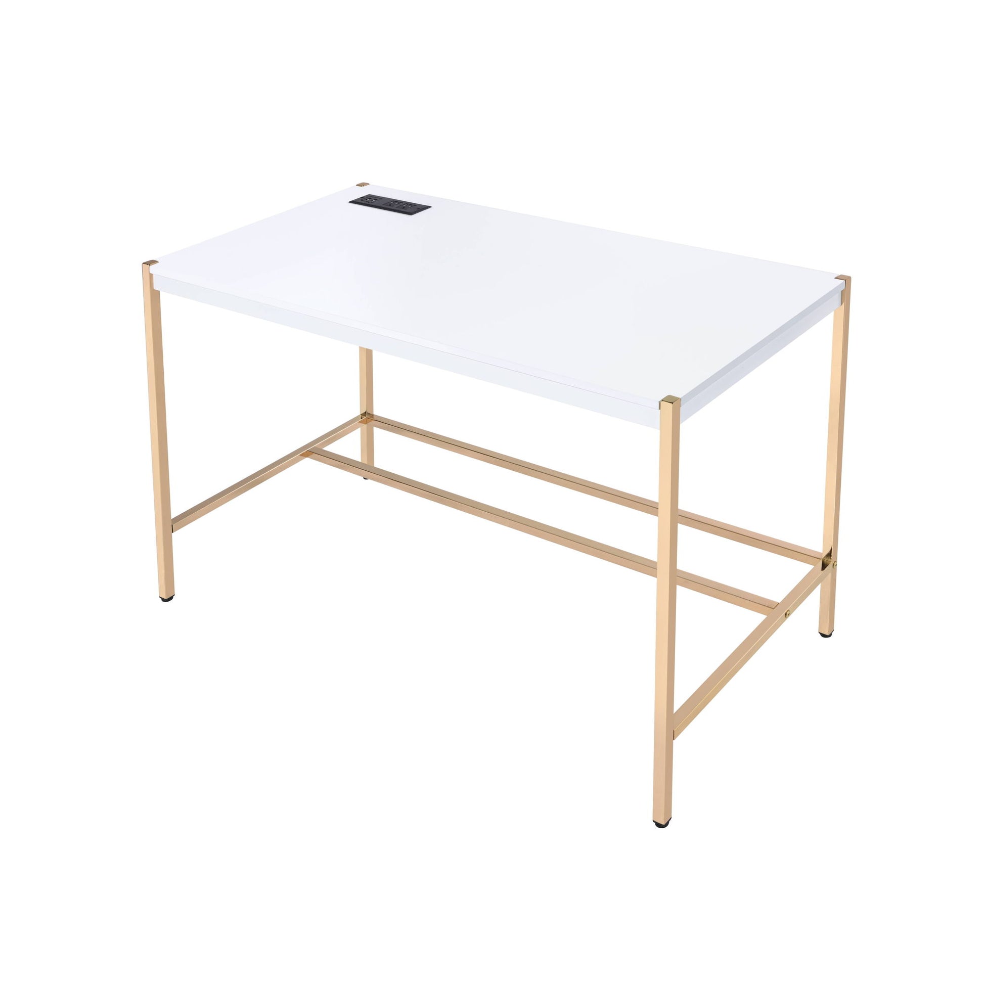 The Midriaks Writing Desk With USB features a simple, modern design with a white rectangular tabletop, gold metal legs, and a built-in rectangular power outlet for added convenience.