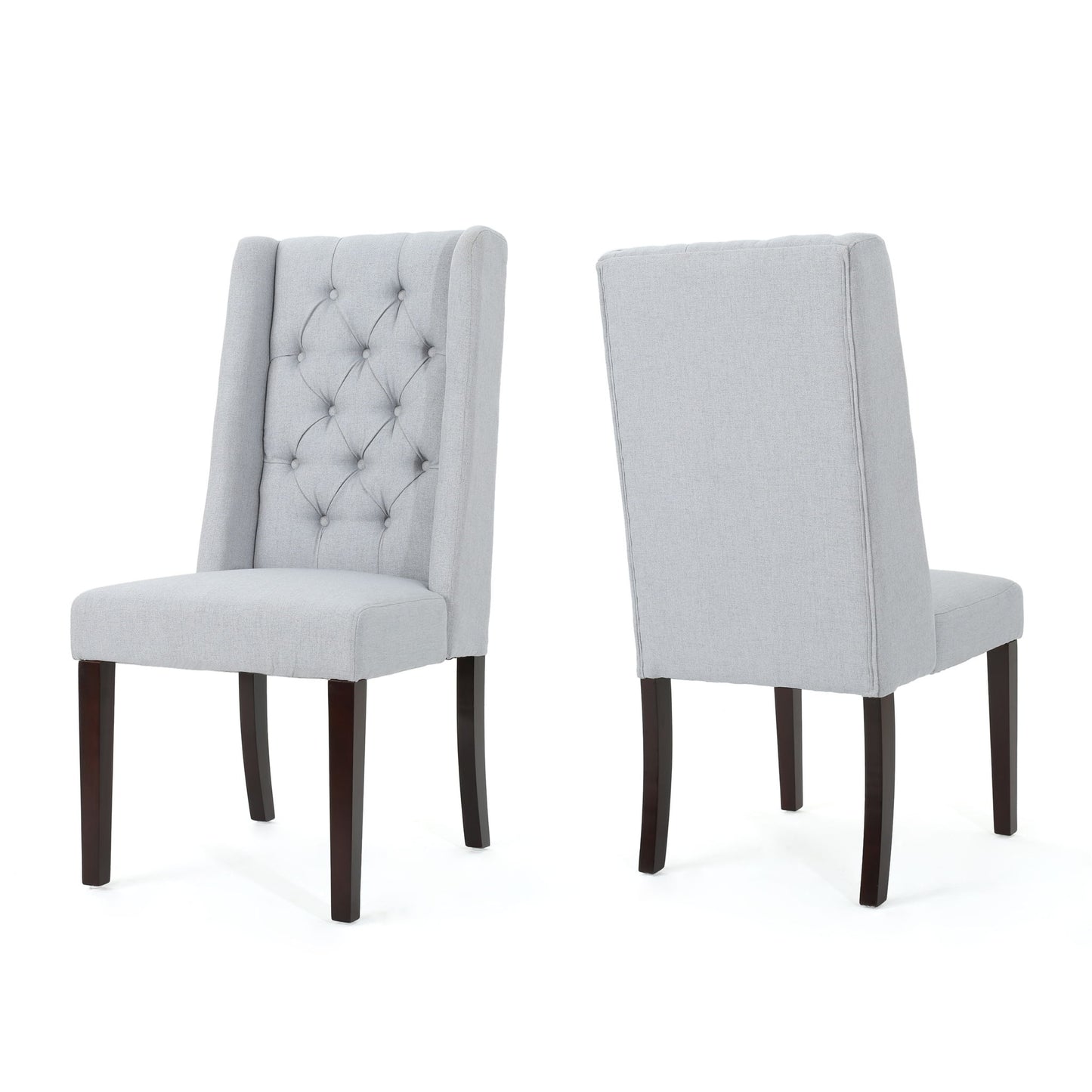 Pair of Sophisticated Tufted Dining Chairs With High Back Design in light gray upholstery and dark wooden legs; one displays its tufted button front, the other shows the smooth plain backrest.
