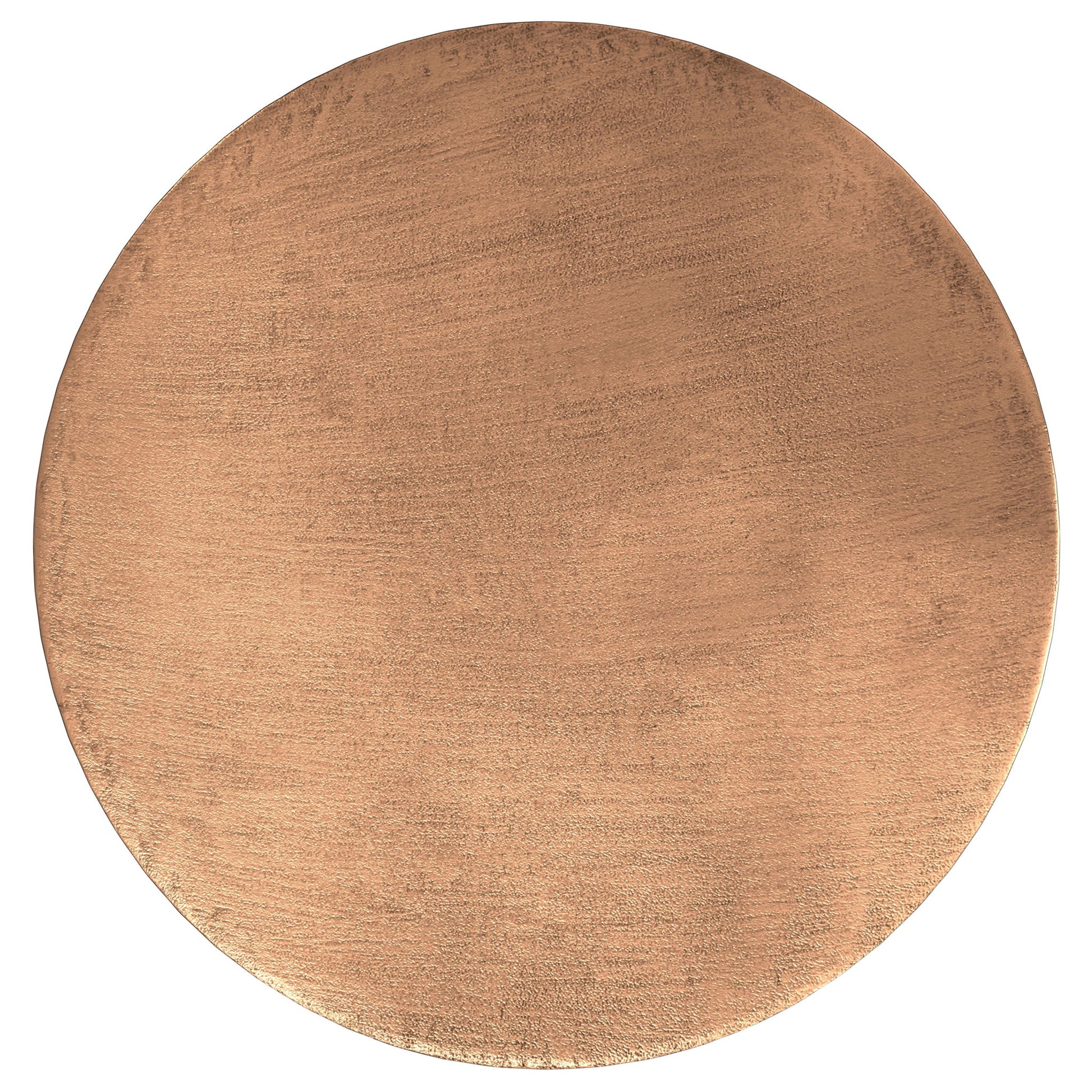 The Johnsen Handcrafted Metal Coffee Table features a round, flat design with a brushed copper finish, displayed against a white background.
