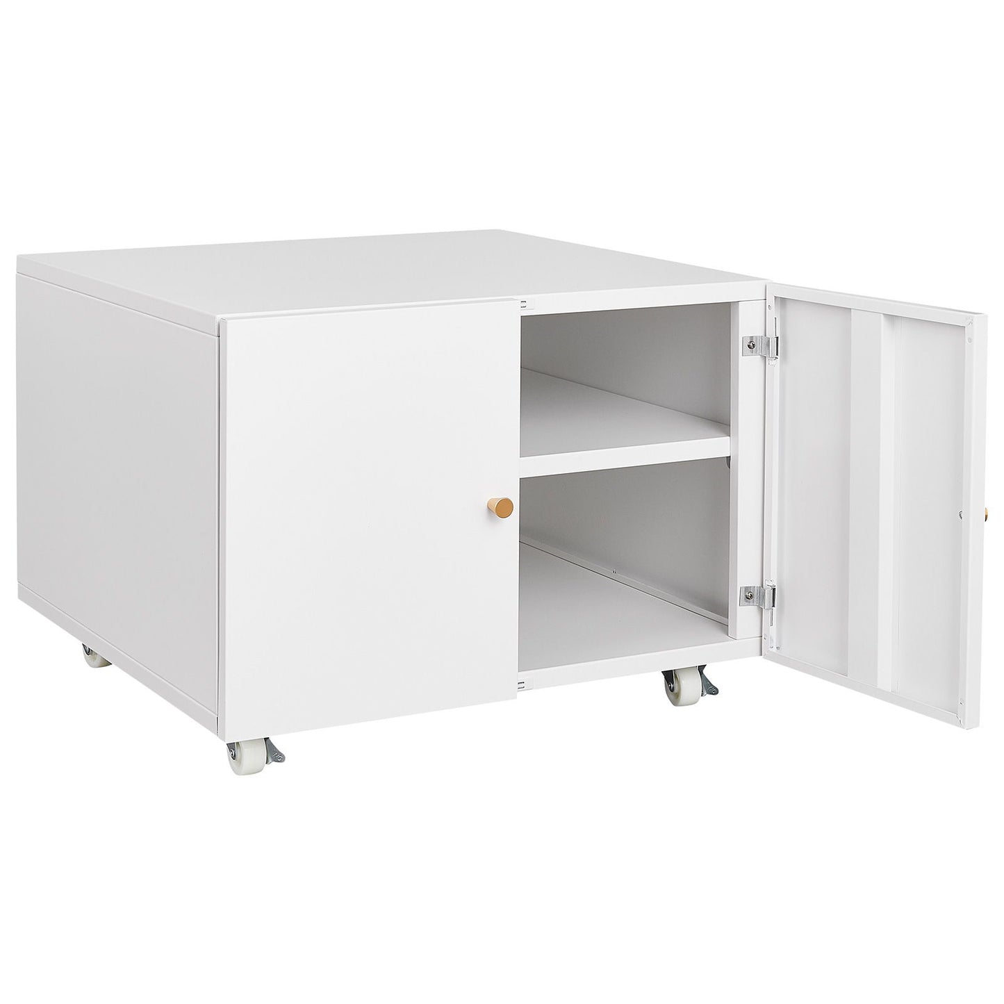 The Office Furniture Copier Cabinet is a white, rectangular steel copier stand on wheels with 2 doors, featuring two interior shelves and simple round knobs; ideal as a mobile pedestal file or printer stand.
