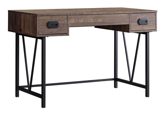 The Computer Desk for Home Office features a rustic wooden finish, two storage drawers with black metal handles, and geometric black metal legs—perfect for laptops in transitional spaces.