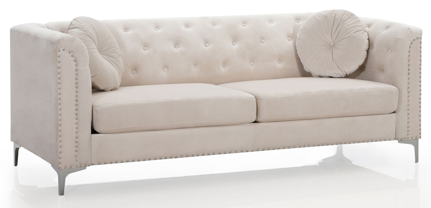 The Elegant Contemporary Sofa features a beige tufted design with silver stud accents, two seat cushions, two round matching throw pillows, and stands on sleek metallic legs against a white background.