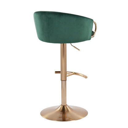 The Claire Contemporary/Glam Adjustable Bar Stool (Set of 2) features modern green velvet upholstery, a gold metal base with a circular footrest, a curved backrest with a gold handle, and is shown side view against a white background.