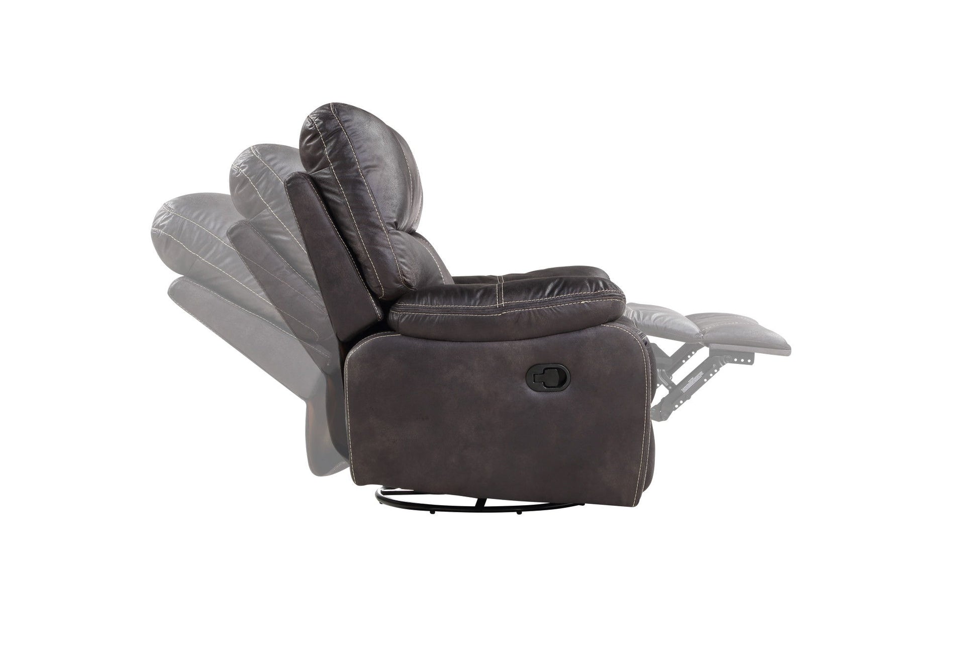 Side view of the dark gray Hooper - Swivel Gliding Recliner displaying three positions: upright, semi-reclined, and fully reclined. It features plush cushioning with a side lever for adjusting the recline.