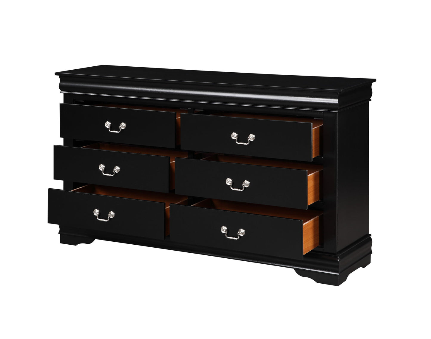 The Louis Philippe Bedroom Dresser features a sleek black wood finish, six partially open drawers revealing natural interiors, silver handles, and short decorative legs. Set against a plain white background.