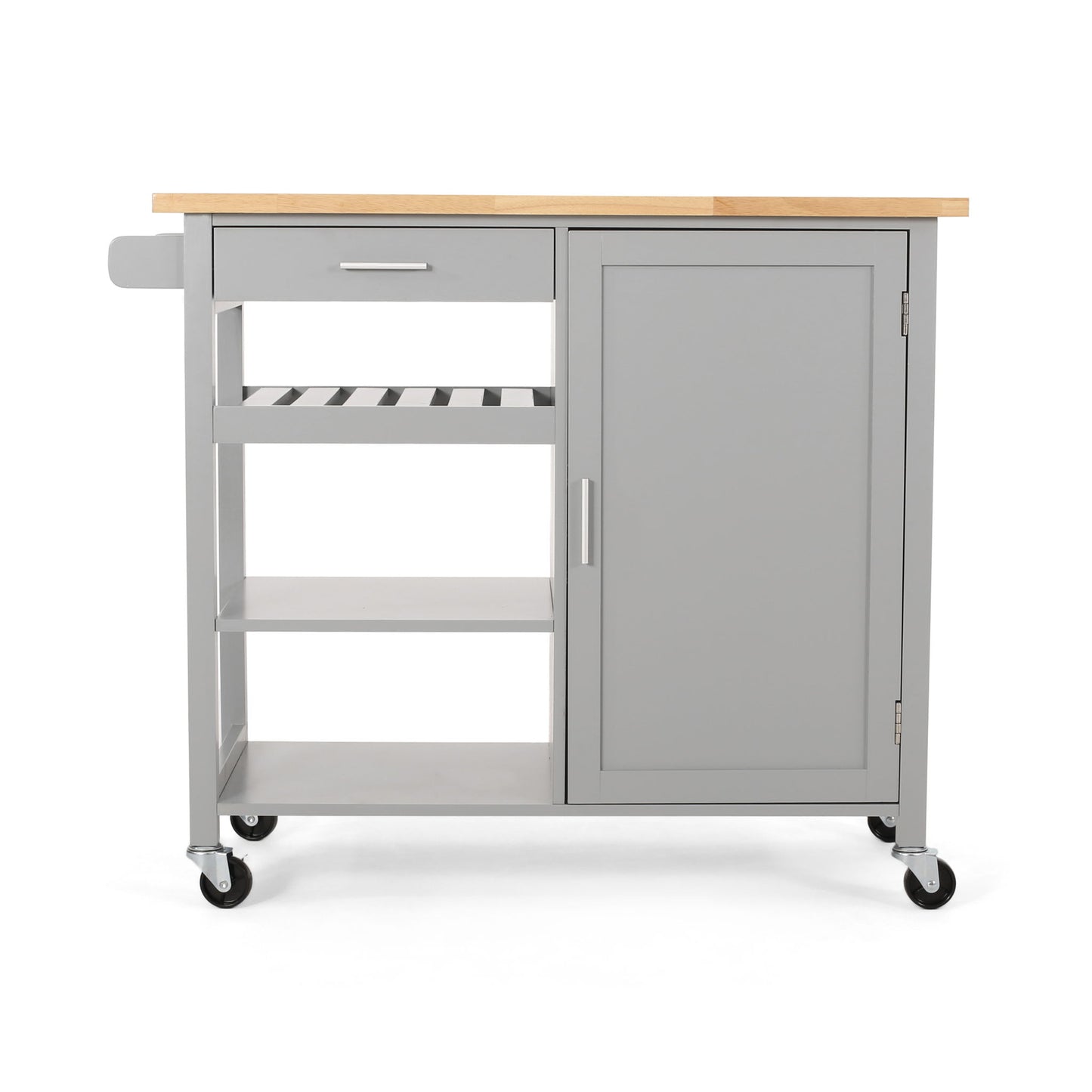 The Contemporary Design Kitchen Cart With Wheels features a gray finish, light wood top, drawer, two open shelves, cabinet with door, side towel bar, and wheels for easy mobility.