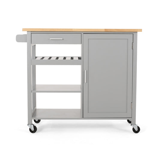 The Contemporary Design Kitchen Cart With Wheels features a gray finish, light wood top, drawer, two open shelves, cabinet with door, side towel bar, and wheels for easy mobility.