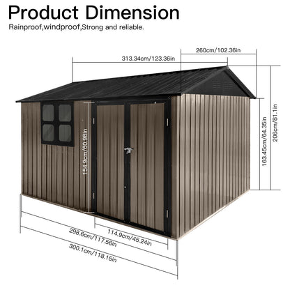 The 10' x 8' Garden Sheds Outdoor Storage Sheds With Window features a sloped black roof, double doors, window, and measures 260cm W x 313.34cm L x 206cm H. Rainproof, windproof, strong and reliable.