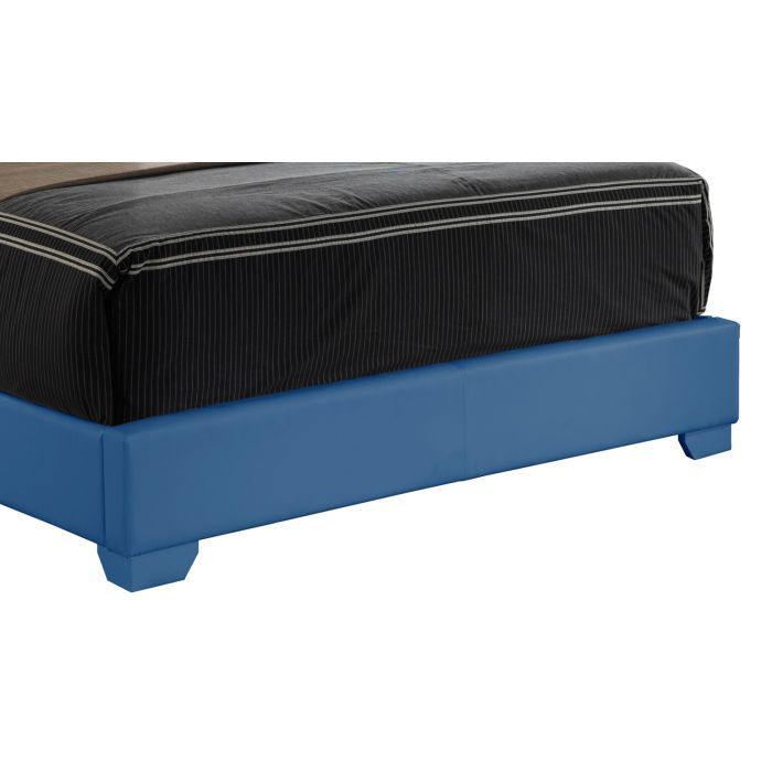 A close-up of the Elegant Platform Bed For Relaxed Spaces, featuring a blue upholstered frame and a black mattress with white-striped edges.