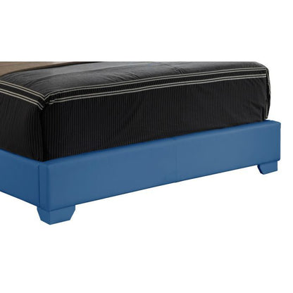 A close-up of the Elegant Platform Bed For Relaxed Spaces, featuring a blue upholstered frame and a black mattress with white-striped edges.